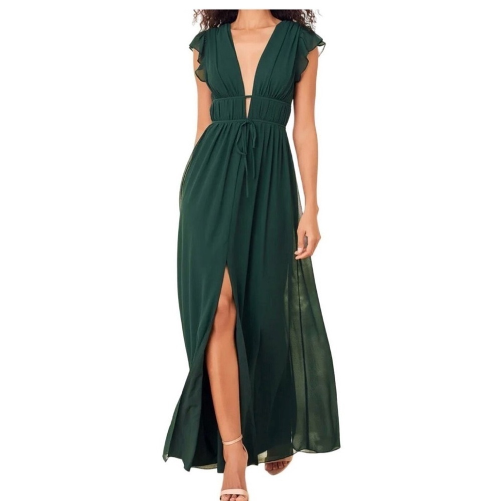Lulus women’s I am yours Emerald green, Ruffed chiffon Mazi dress size large.